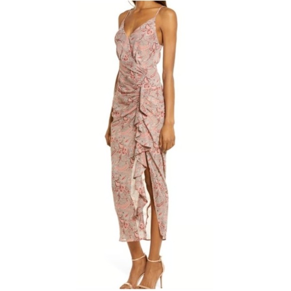 Floret Studios Dresses & Skirts - Floret Studios Ruffle Chiffon Midi Dress Teal Coral Floral Small Coquette Fairy